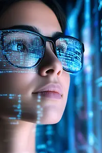 Female IT-expert reading code on a display, AI-generated image