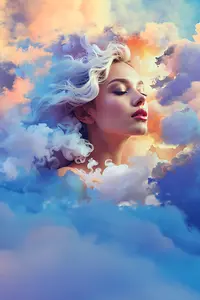AI-generated image - A beautiful female face in between colorful clouds, AI-generated image